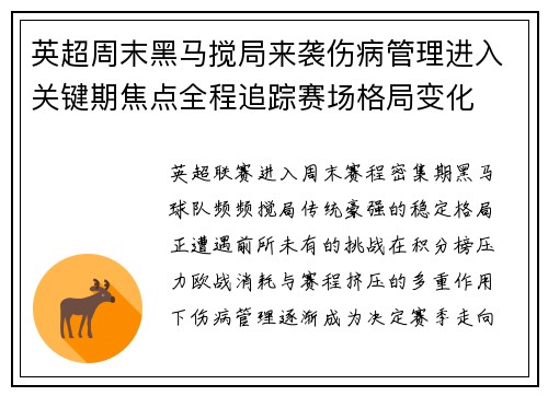 英超周末黑马搅局来袭伤病管理进入关键期焦点全程追踪赛场格局变化